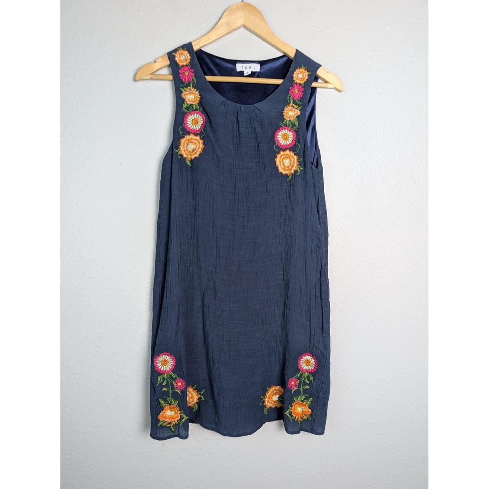 THML Dress Womens S Blue Short Shift Tank Floral Embroidered Rayon Lined